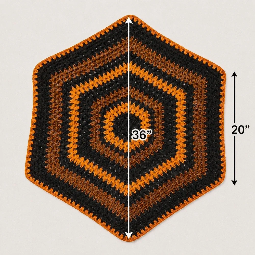 Vintage Crochet Hexagon Baby Blanket Lap Afghan Retro 1970s Orange Brown Black